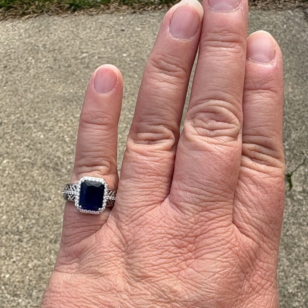 Radiant Cut 3.10 ct Lab Created Sapphire Ring Blue & White Sterling Size 7